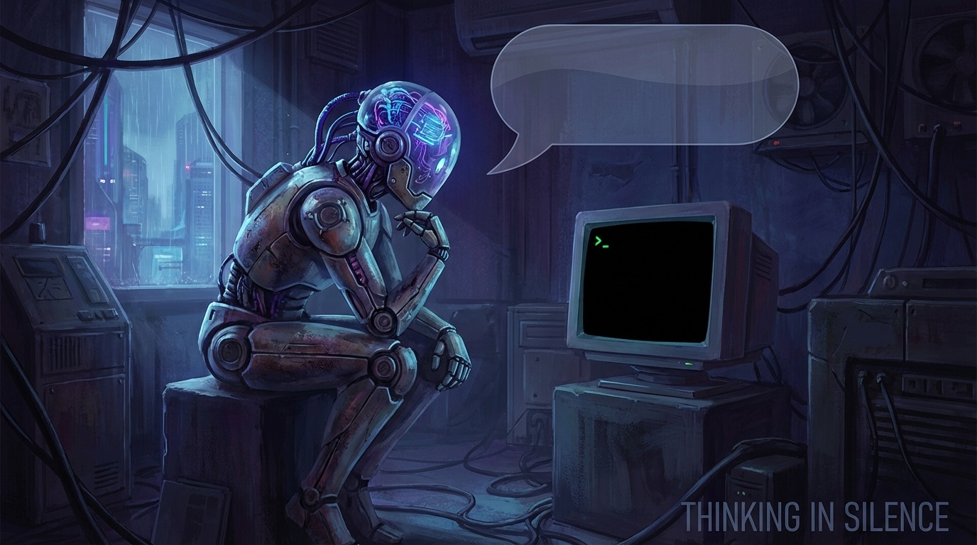 考え込むロボットの前に空白のスクリーン