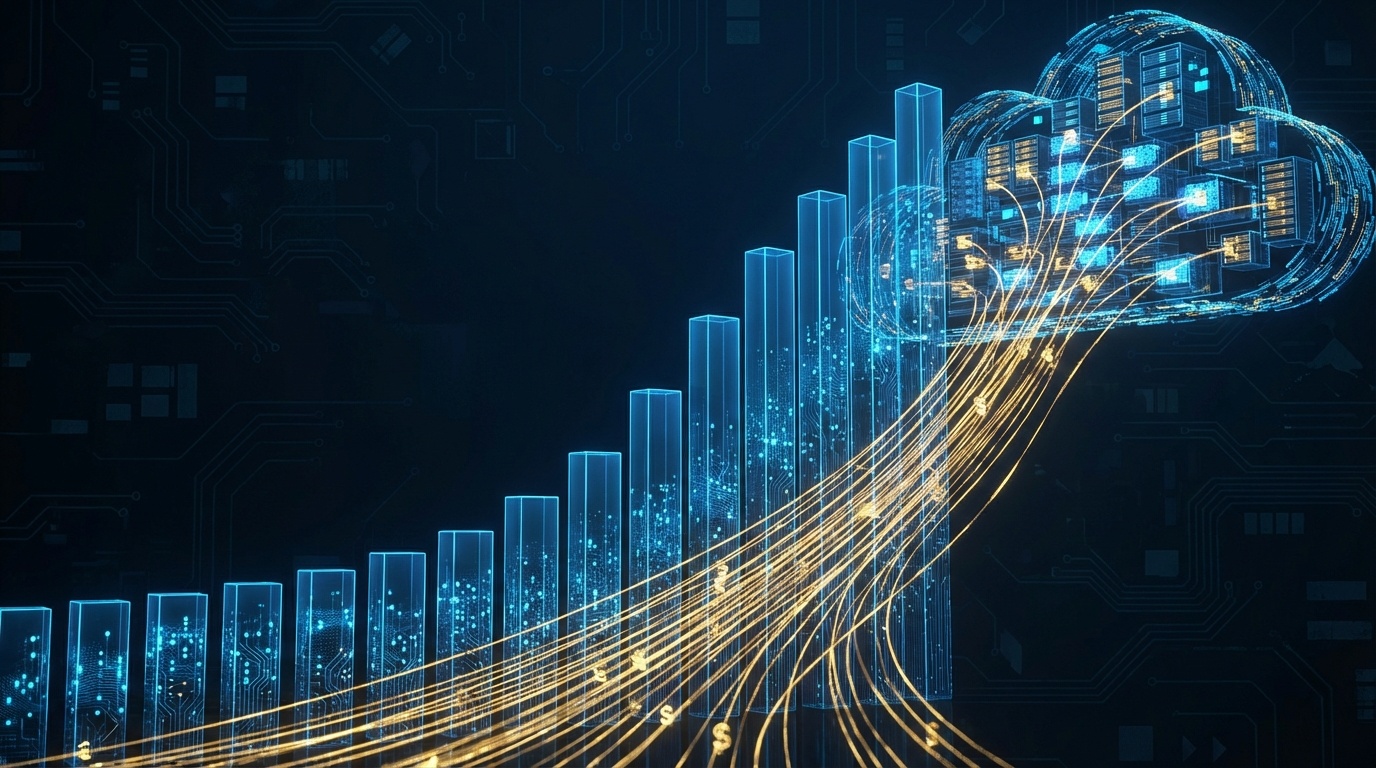 AI投資の急拡大を象徴する光の柱が並ぶイメージ