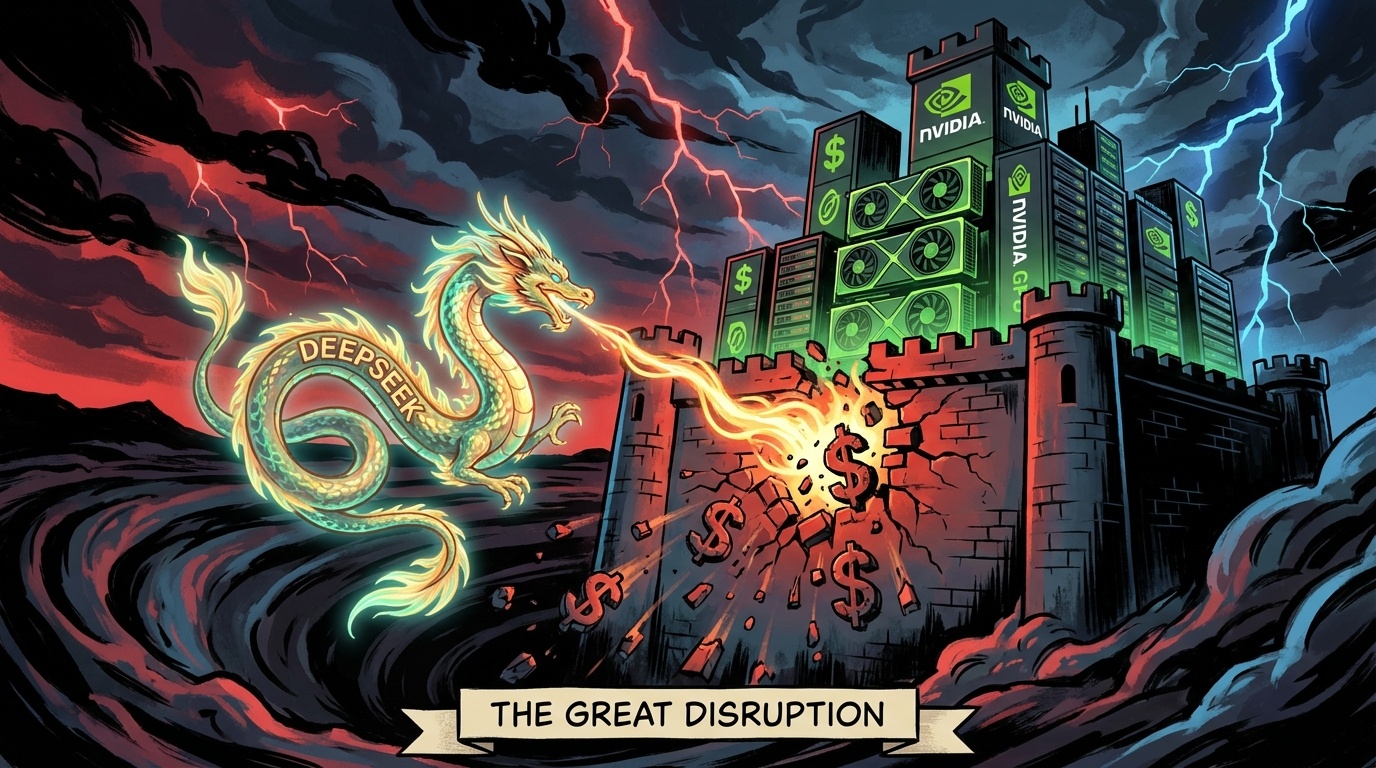 DeepSeekの衝撃を象徴するイメージ — 効率的な小さな存在が巨大な要塞に挑む