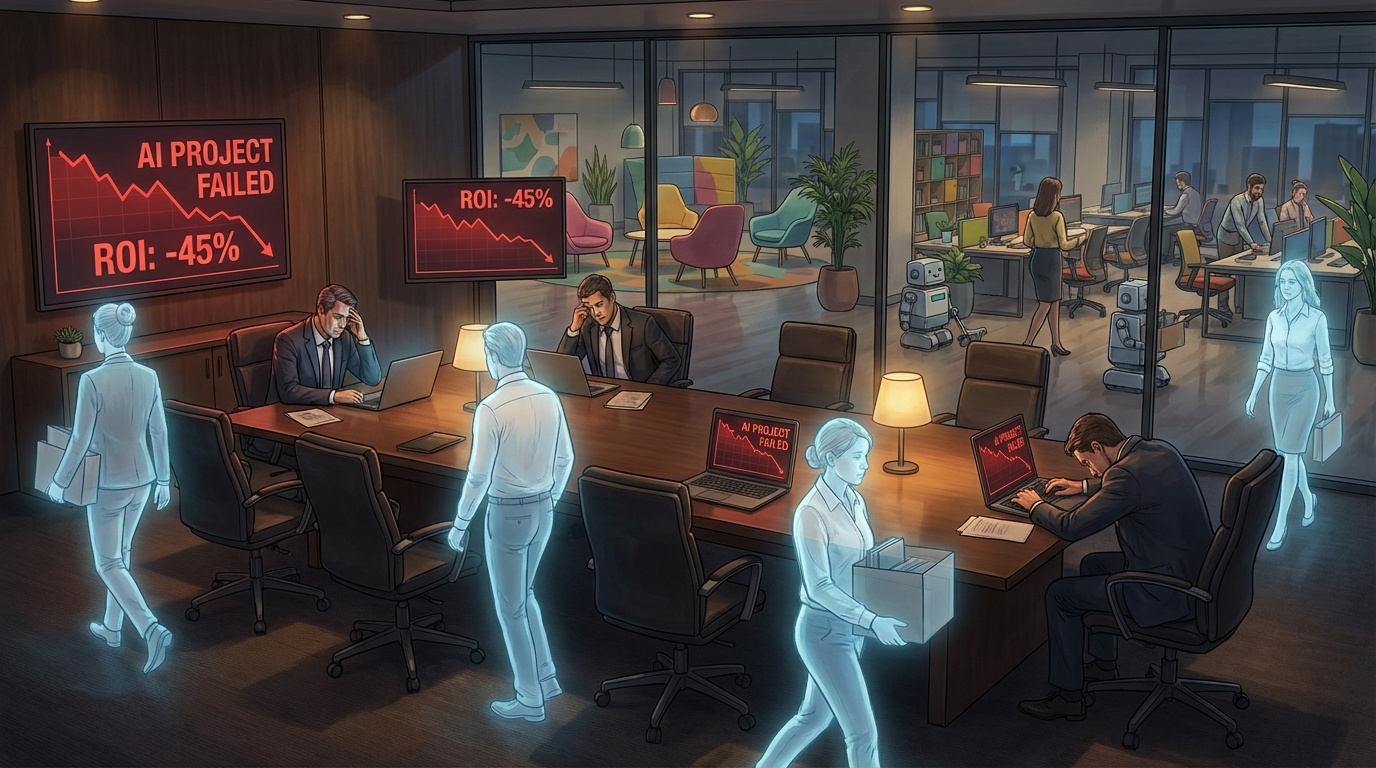 AI導入に幻滅する企業のボードルーム — ロボットに代わり人間が戻るイメージ