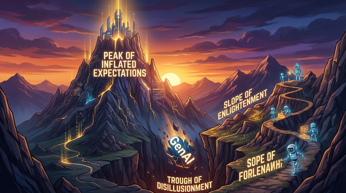 ガートナーのハイプサイクルを山岳風景で表現 — 生成AIが幻滅の谷へ、AIエージェントが期待のピークへ