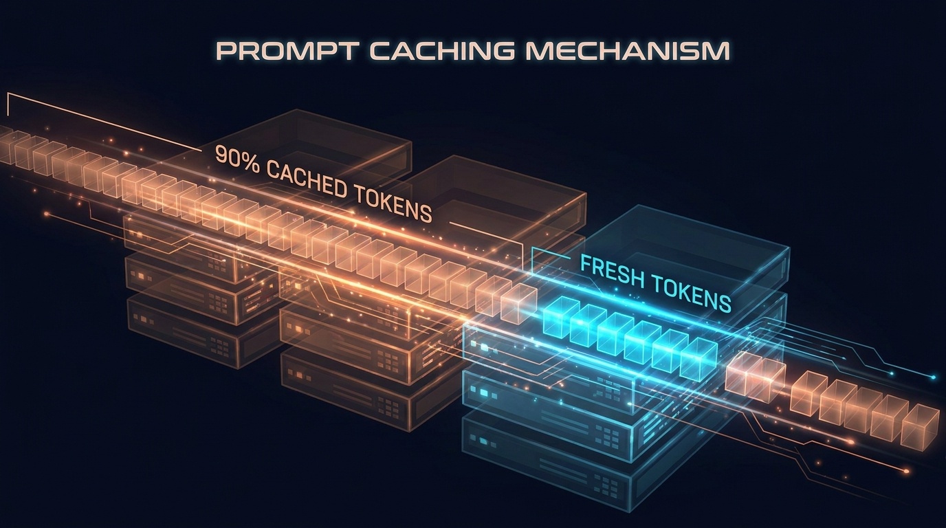 プロンプトキャッシュ機構によりトークンの90%がcache readになる構造を可視化したイメージ
